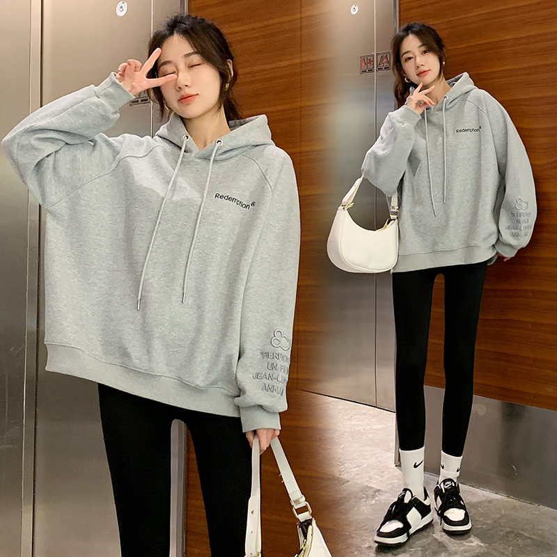灰色连帽卫衣女秋冬加绒加厚韩版宽松慵懒风oversize外套潮流帽衫图片