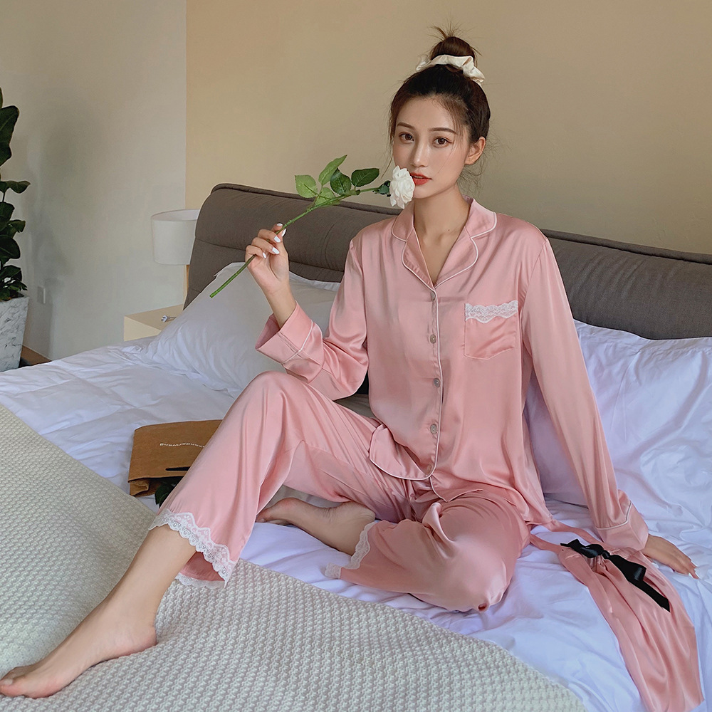 清仓花边缎面睡衣女夏季冰丝长袖长裤舒适翻领皱花缎家居服套装