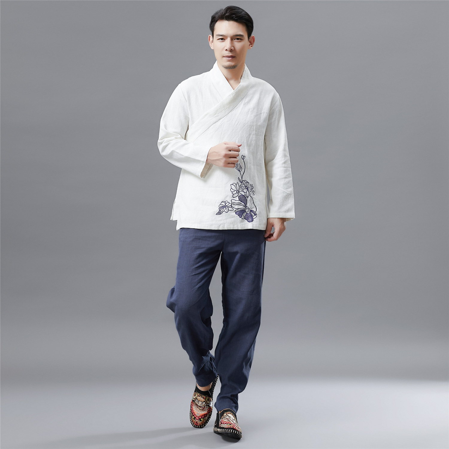 原创衣襟配刺绣设计 男绣花汉服 中国风苎麻汉服立领民族服装