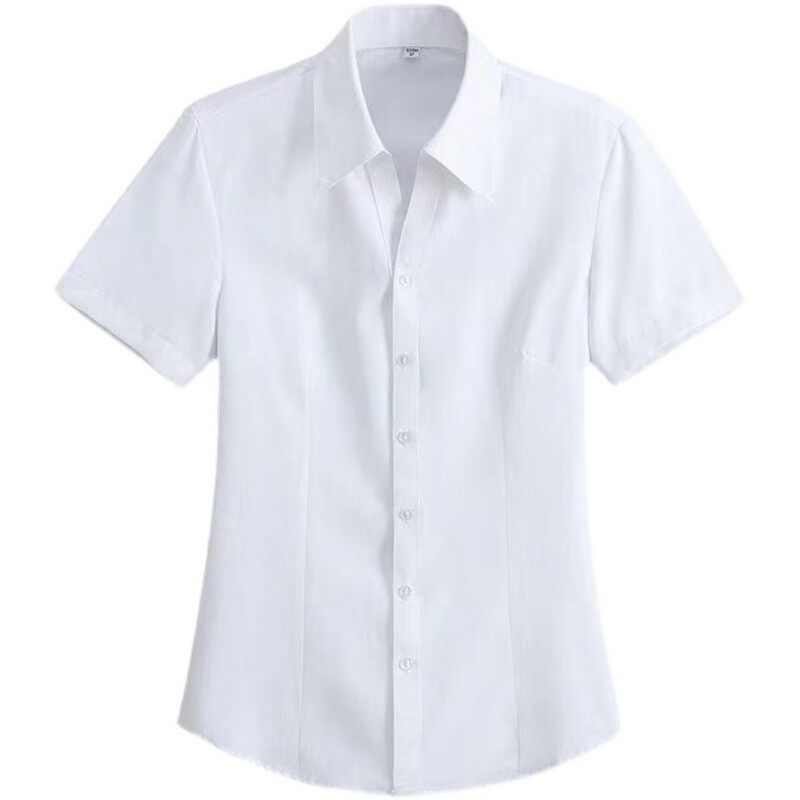 v领白衬衫女短袖夏装职业正装银行面试上班工作服修身百搭衬衣女