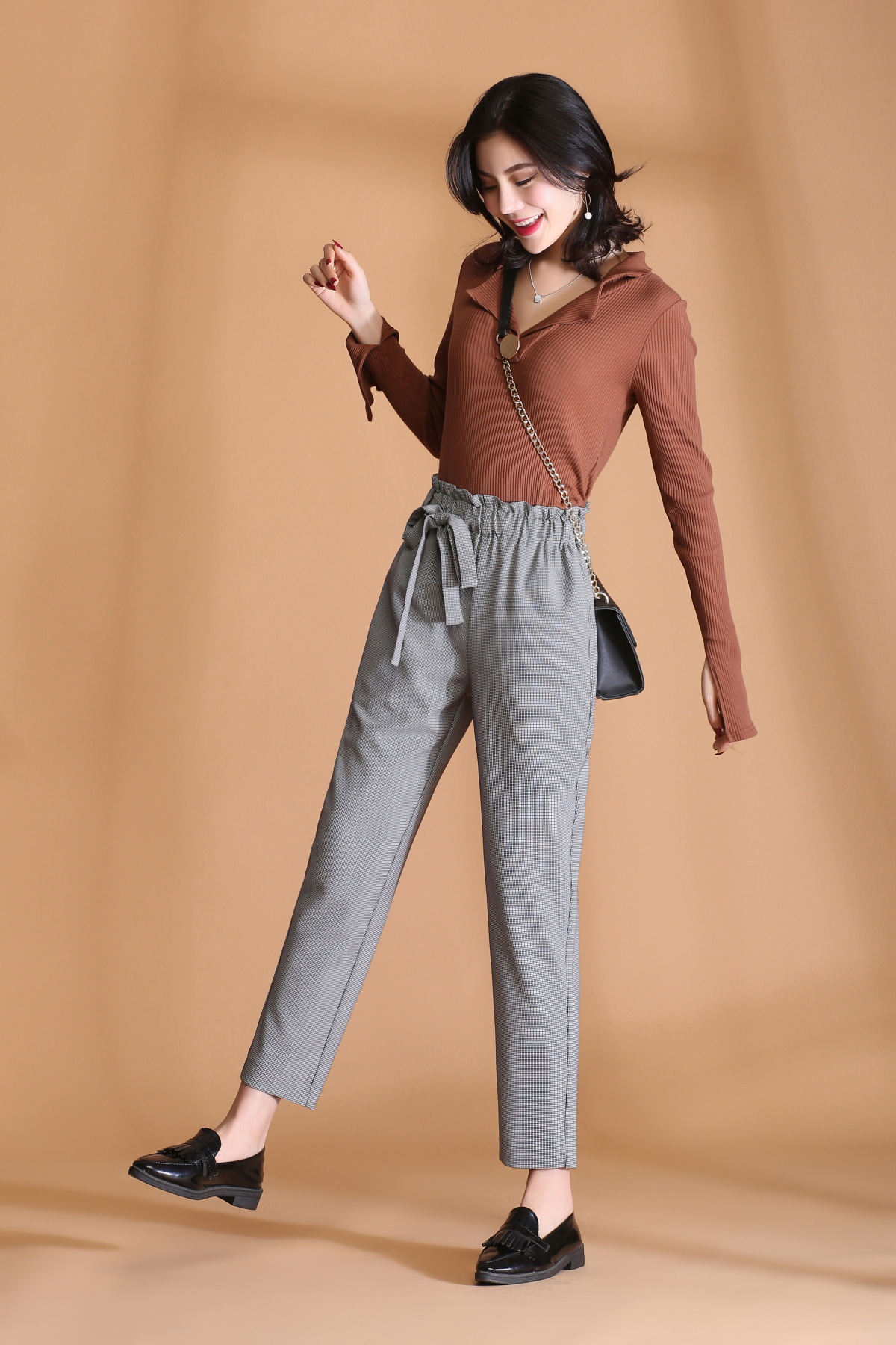 新款哈伦女裤2018春秋格子九分裤宽松显瘦休闲裤女一件代发