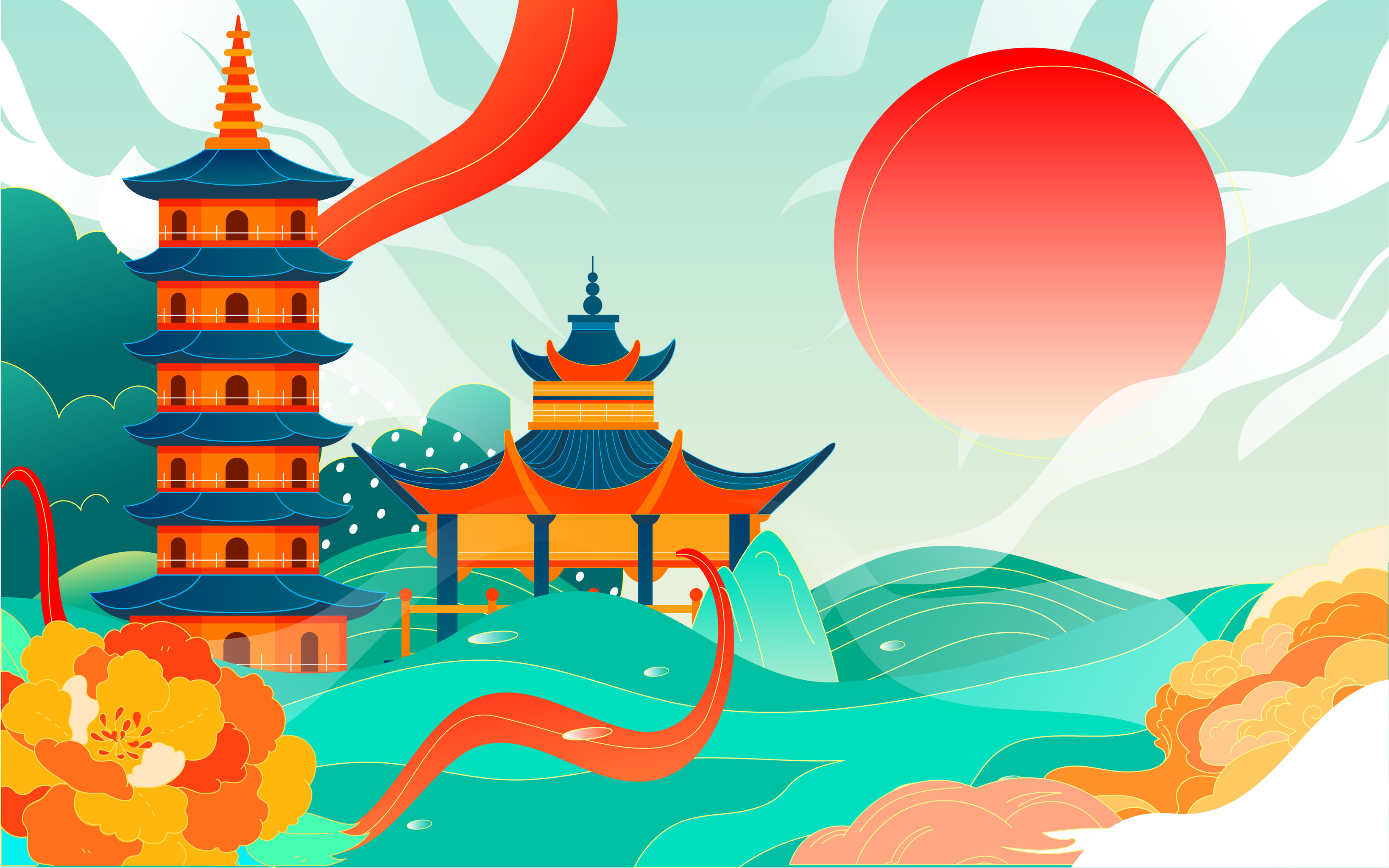 中国风古建筑城市景区插画长沙地标旅游海报