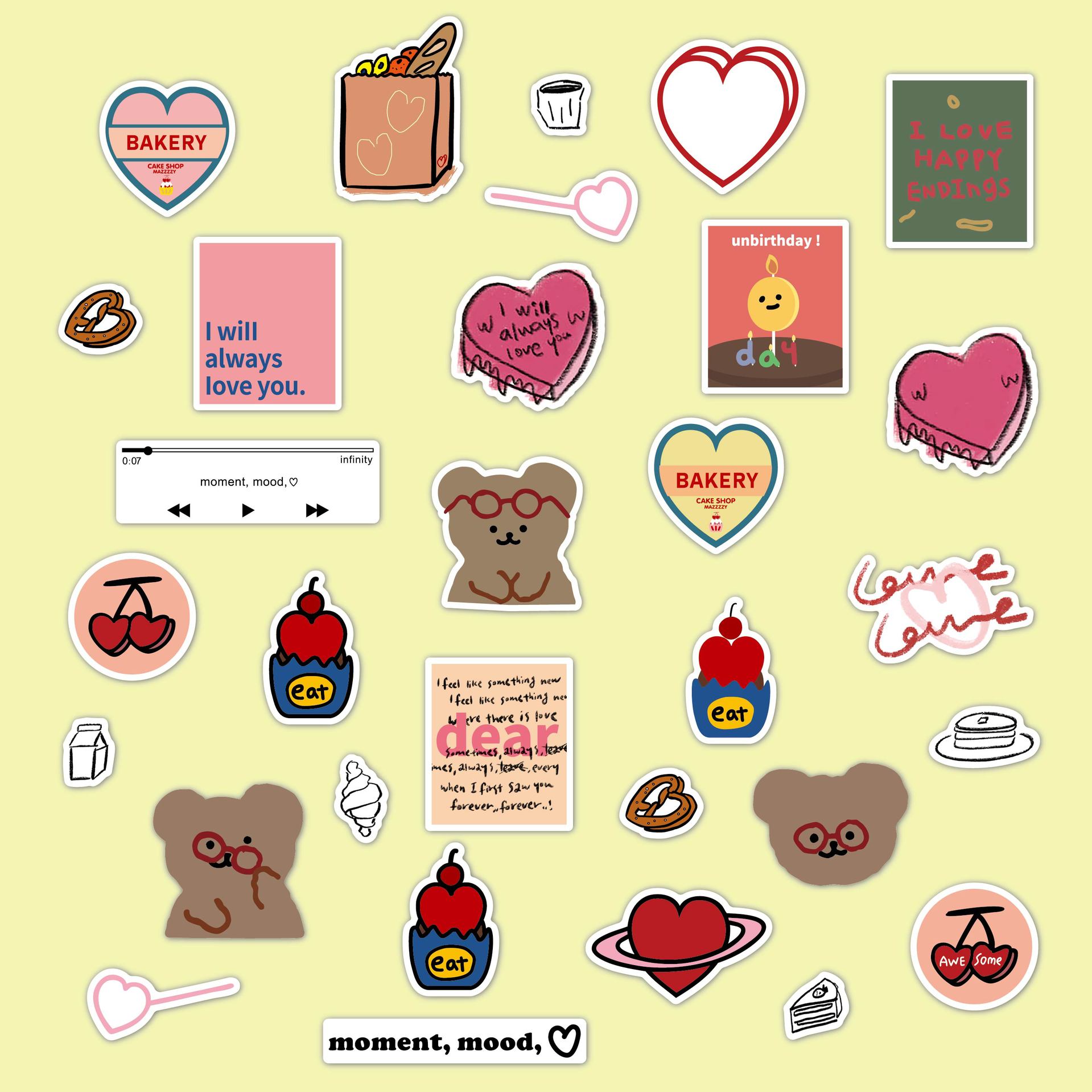 韩国ins小熊樱桃爱心面堡可爱少女心手账素材装饰贴纸贴画