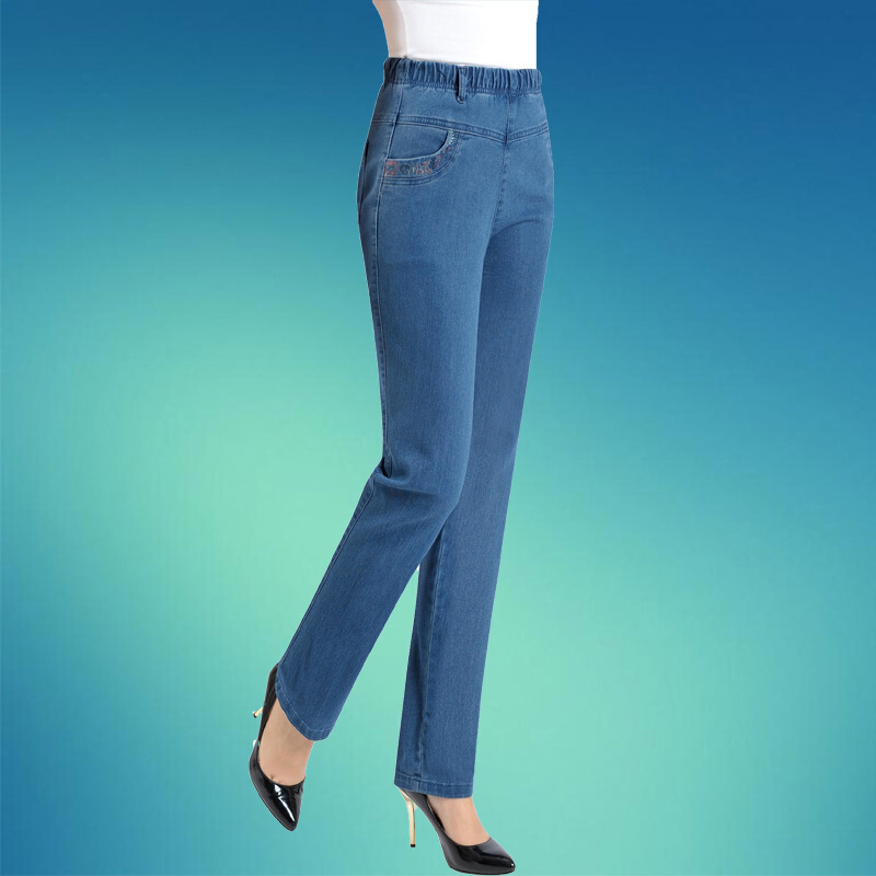牛仔裤外穿中老年女裤松紧弹力高腰直筒中年春秋装百搭长裤子新款女装