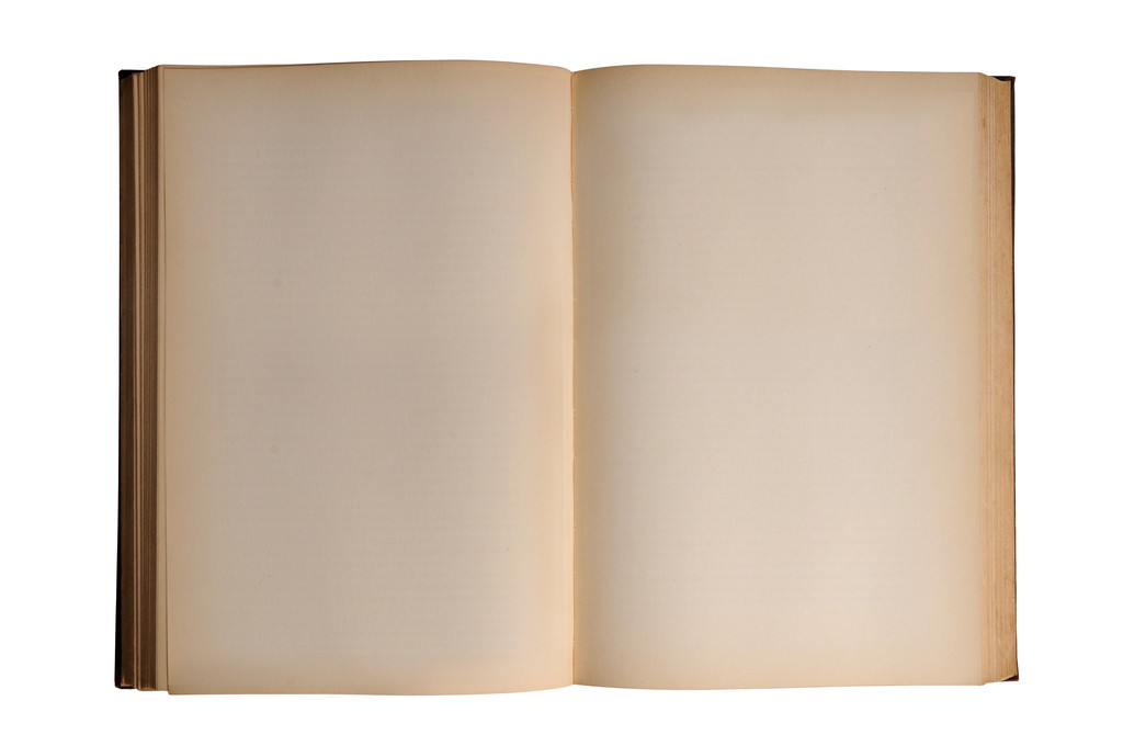 空白本老书,打开复古书与孤立在白色背景的空白页