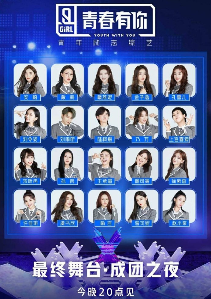 青春有你2成团之夜20强开屏:刘雨昕,虞书欣,喻言,许佳琪,孔雪儿