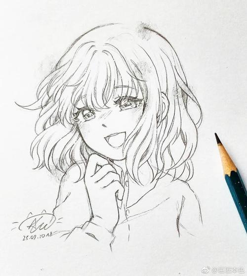 动漫绘画素材简笔画《漫画素描漫画中的美少女二次元美少女》简笔画