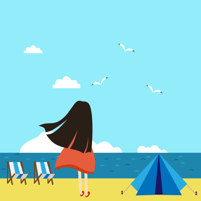 海边 沙滩 看海 卡通 漫画