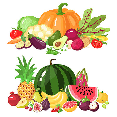 卡通素食,西瓜,南瓜和苹果维生素新鲜蔬菜和水果矢量插图图标集.