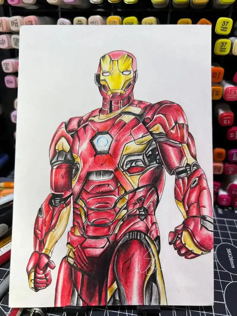 手绘彩铅钢铁侠教程#跟着抖音学画画 #一学就会系列 #彩铅画 - 抖音