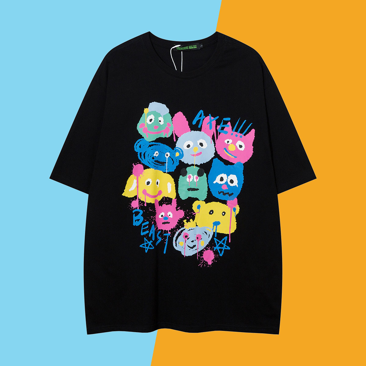 短袖t恤纯棉230克潮流手绘卡通涂鸦夏季半袖short sleeve t-shirt