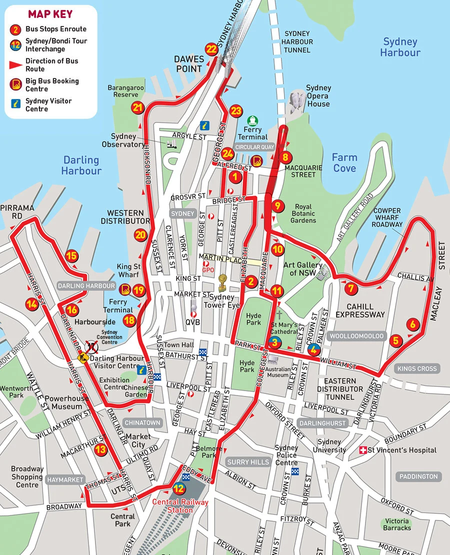 悉尼市区观光巴士线路示意图(红线观光巴士):2)邦迪海滩随上随下观光