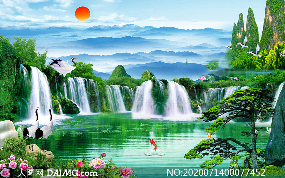 流水生财山水风景装饰画psd模板