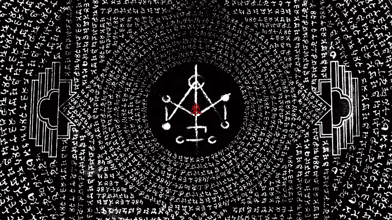 长时间盯着中心的红字和符号看,转移视线后,诅咒图形仍在眼中一环扣一