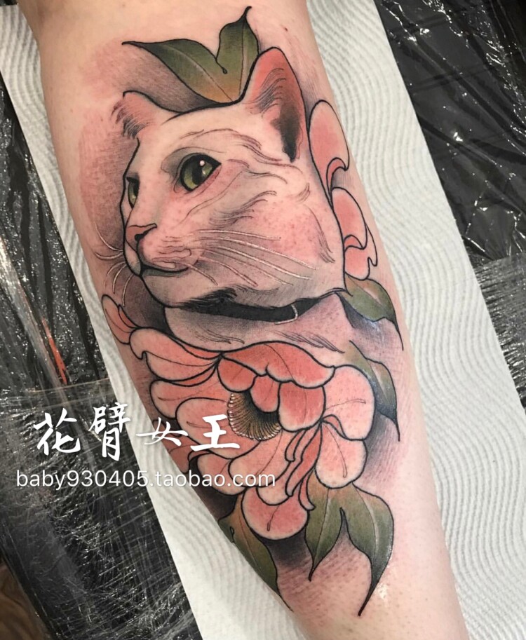 花臂少女tattoo d100 x200 彩色花朵猫咪半臂纹身贴 满20元包邮