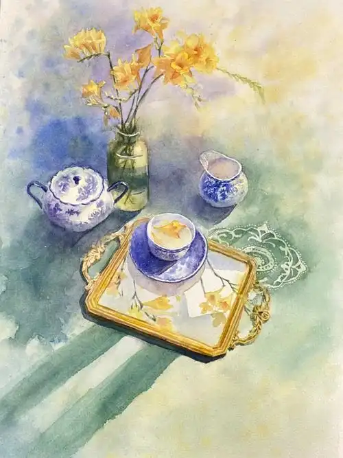 梦幻的午后阳光水彩花卉静物组合附步骤图