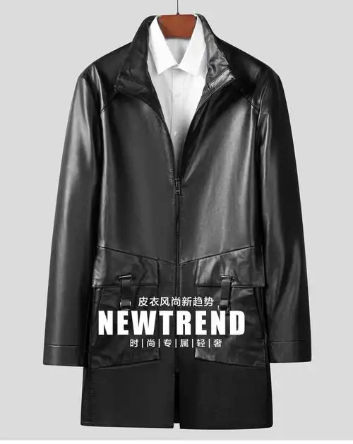 男士头层牛皮真皮皮衣男中长款风衣休闲外套黑色2xl