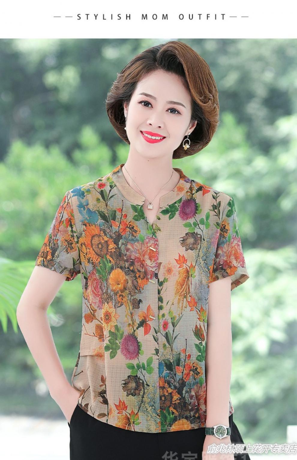 俞兆林优质特价中老年短袖t恤人夏季真丝t恤上衣女妈妈装时尚印花桑