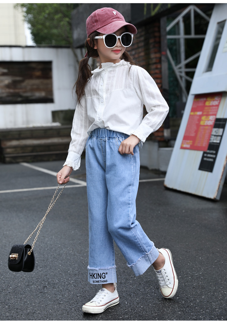 卡兔蓝猫女童阔腿裤牛仔裤春秋洋气十岁小学生11直筒裤12儿童宽松秋款