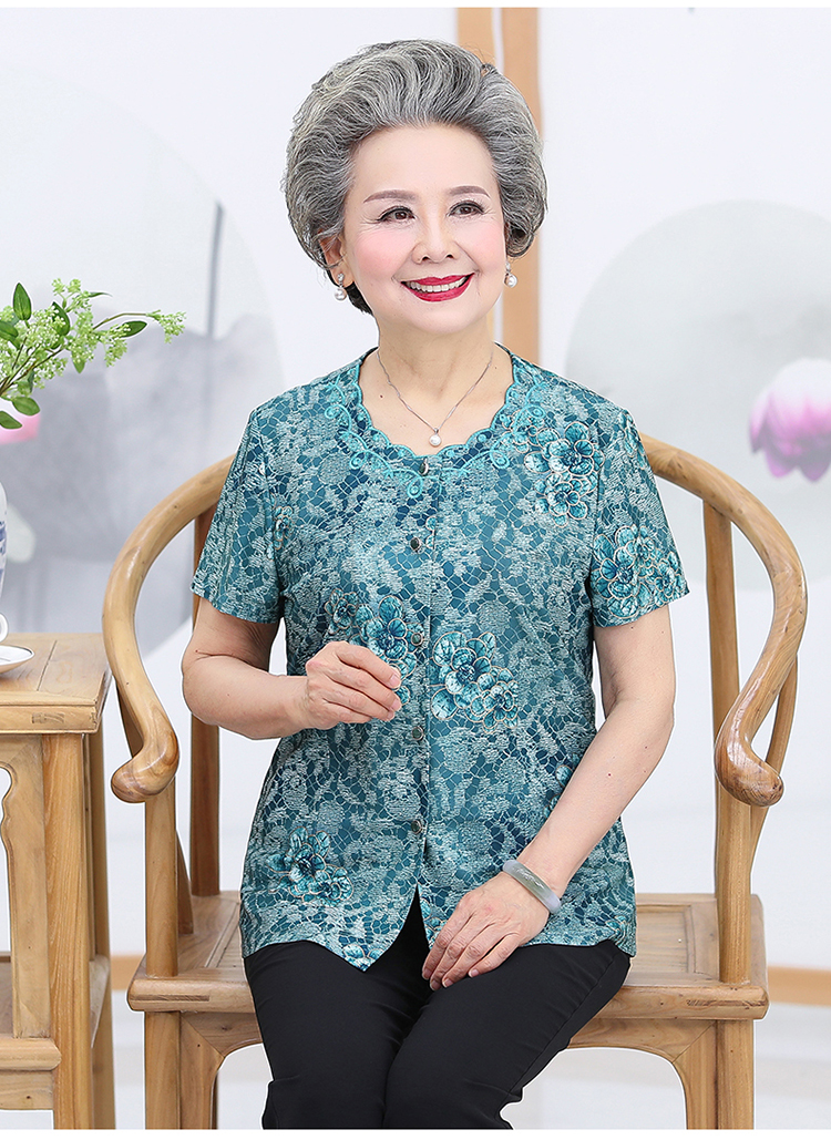 中老年人女装夏装花色奶奶短袖70岁80老人妈妈夏季衬衫太太上衣服