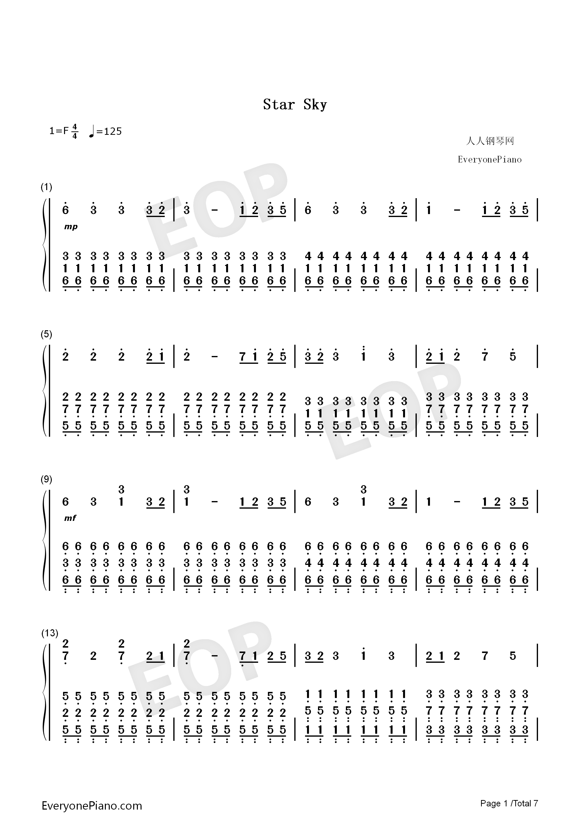 star sky-完美版双手简谱预览1