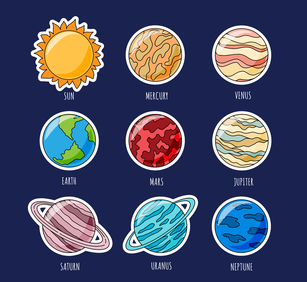 彩色太阳系行星贴纸矢量图