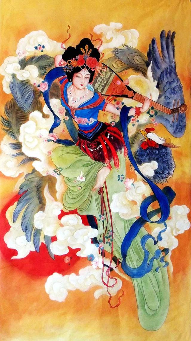 工笔画古典美女嫦娥飞天