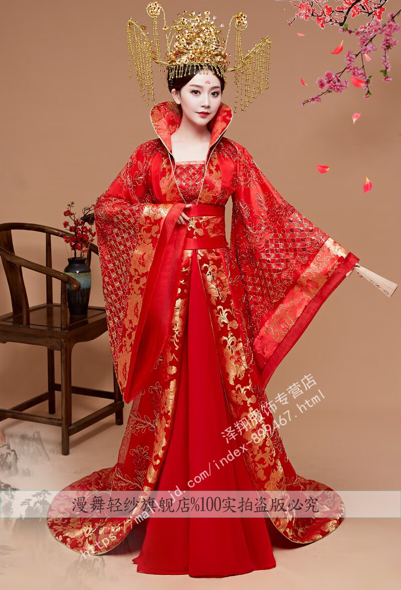 唐朝汉服女原创贵妃红色拖尾中国风古装凤冠霞帔皇后婚礼服装 粉色