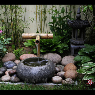 青石头流水喷泉仿古石雕鱼缸石槽花盆庭院水池水景装饰石灯笼摆件