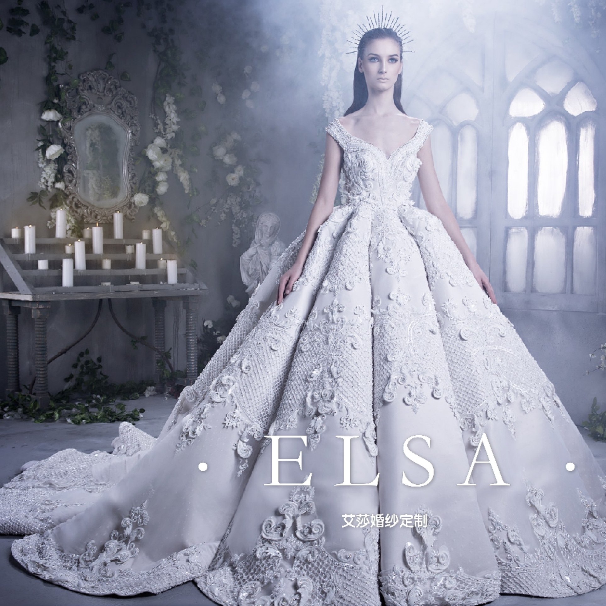 宫廷复古梦幻公主蓬蓬婚纱一字奢华水钻巴洛克大拖尾婚纱
