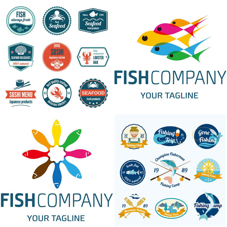 a0075海洋渔业logo船锚海鲜标志鱼类龙虾简约设计素材源文件