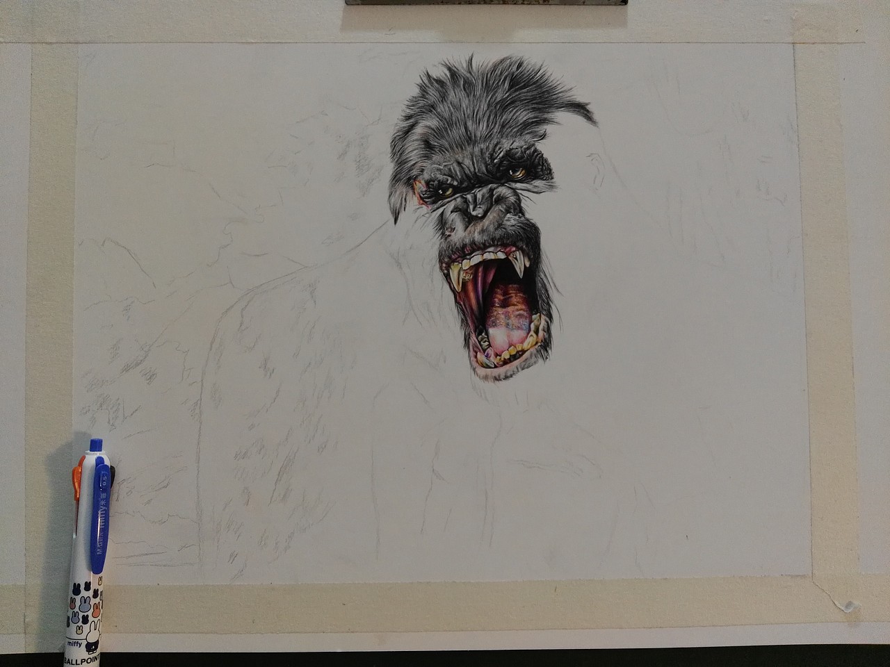第二十幅彩色圆珠笔作品大猩猩(金刚)|纯艺术|绘画|浩轩手绘_原创作品