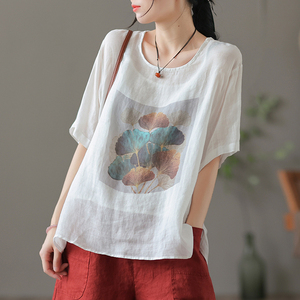 dza 复古白色棉麻上衣女士夏季薄款短袖宽松亚麻t恤半袖打底体恤