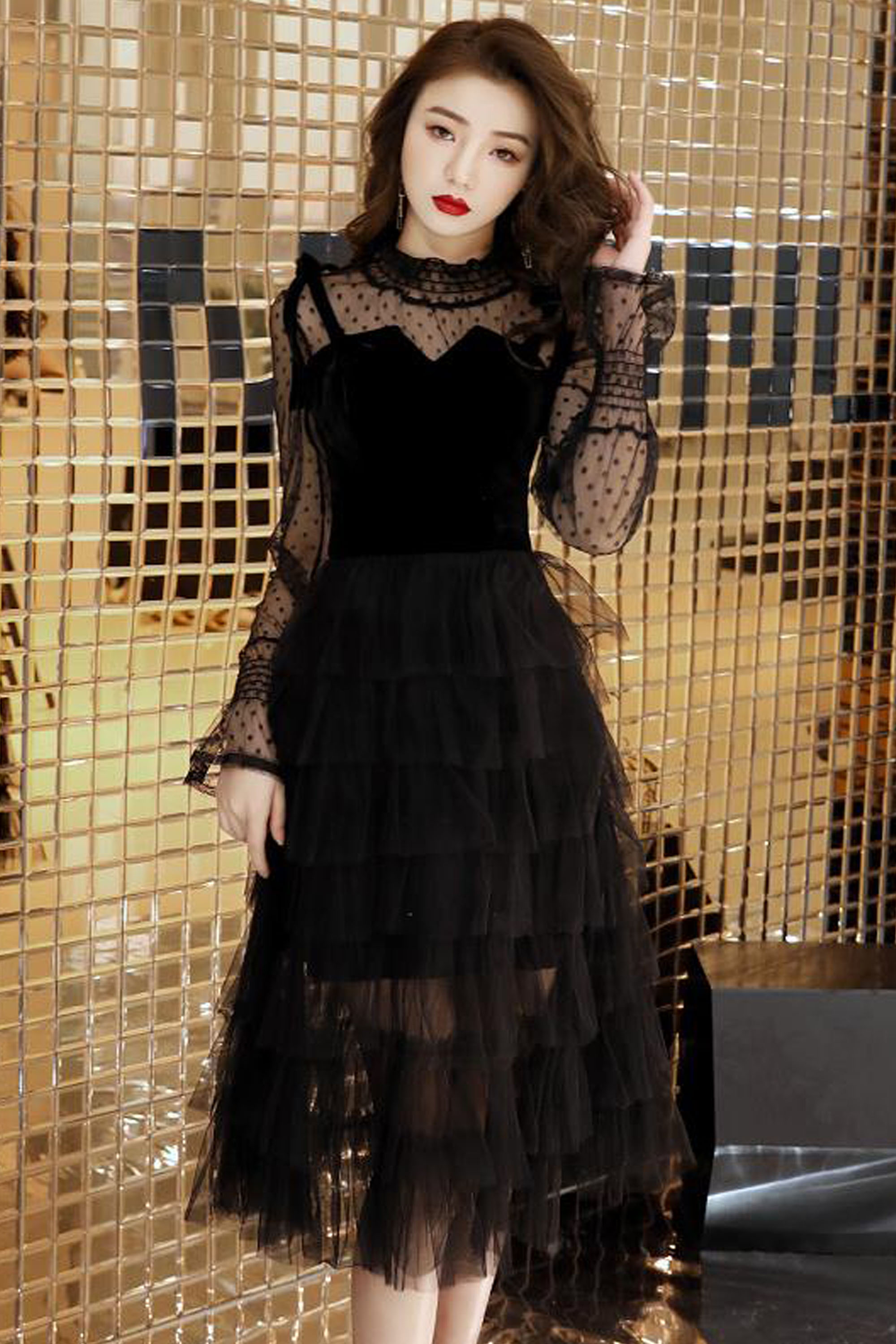 套装女新款黑色小个子晚礼服女宴会气质蛋糕裙连衣裙两件套女