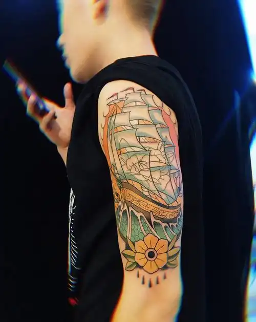 old school帆船纹身图片_手臂old school纹身图案