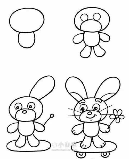 滑滑板的兔子卡通简笔画画法图片步骤