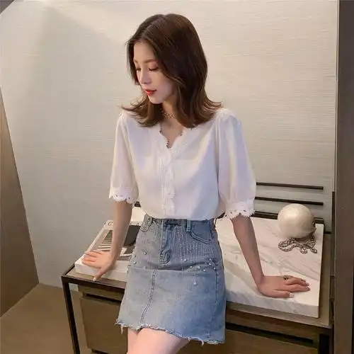 很仙的上衣洋气夏季2021新款超仙气质甜美v领韩版女士雪纺衫短袖,女装