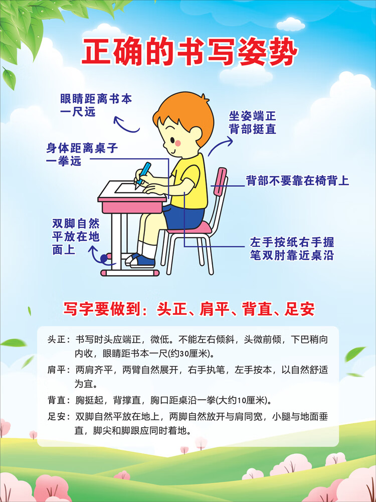 abdt小学生正确坐姿儿童正确的握笔姿势写字方法图挂图幼儿园姿势墙贴
