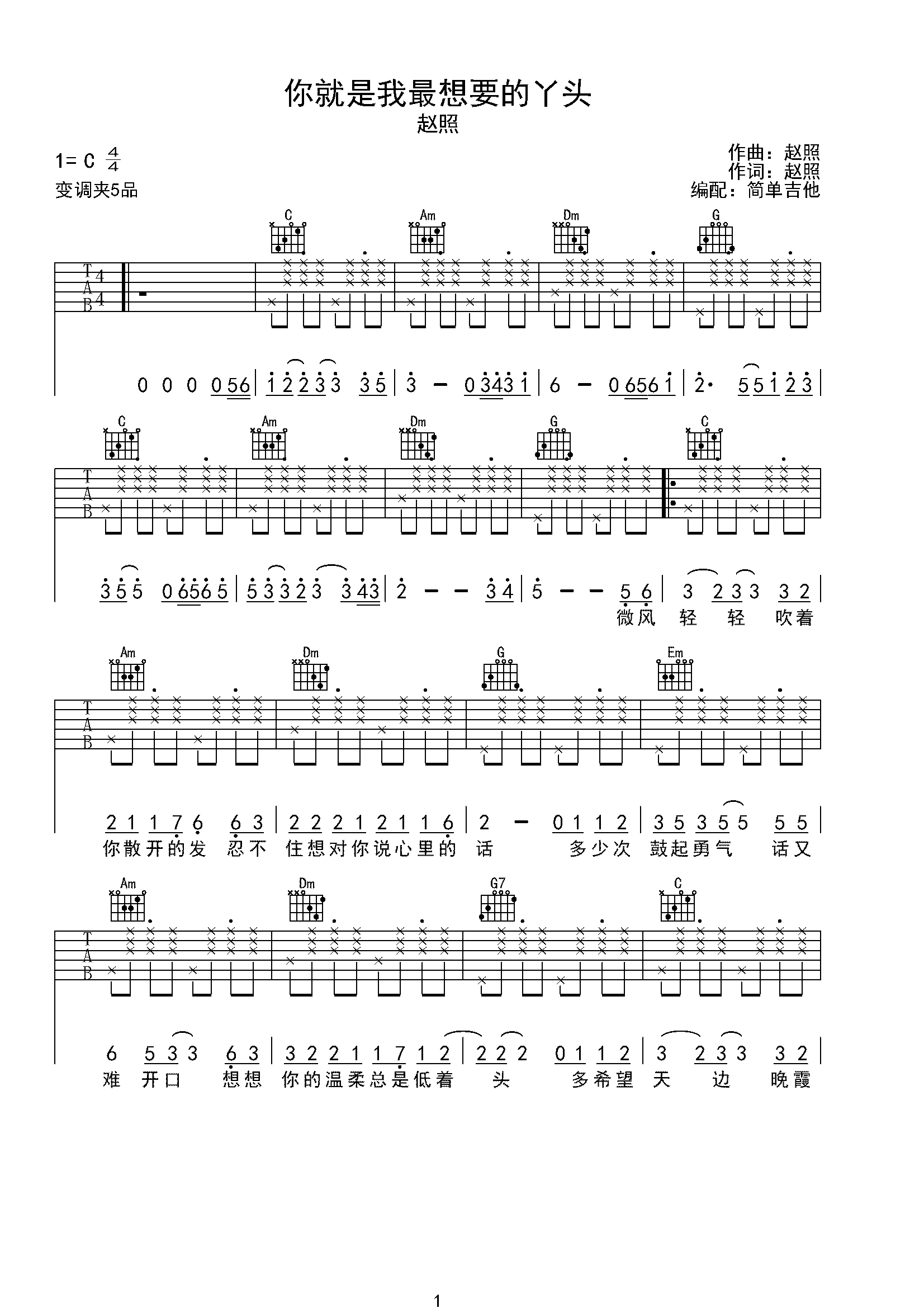 你就是我最想要的丫头—赵照c调六线吉他谱-虫虫吉他谱免费下载