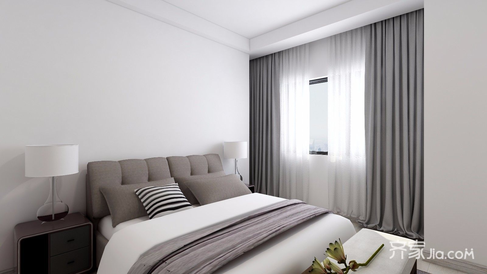 选择了浅灰色的双人床,搭配简约的床上用品,床头的床头柜十分的有质感