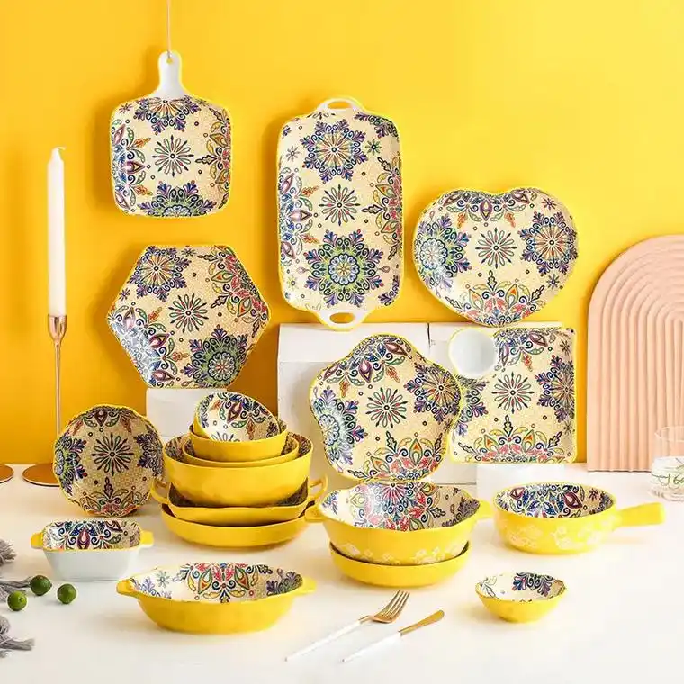 釉下彩陶瓷餐具波西米亚碗盘套装创意饭碗汤面大碗家用鱼盘菜盘子 -