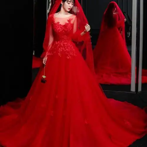 轻主婚纱2021新款拖尾气质森系超仙梦幻新娘礼服红色出门纱显瘦夏