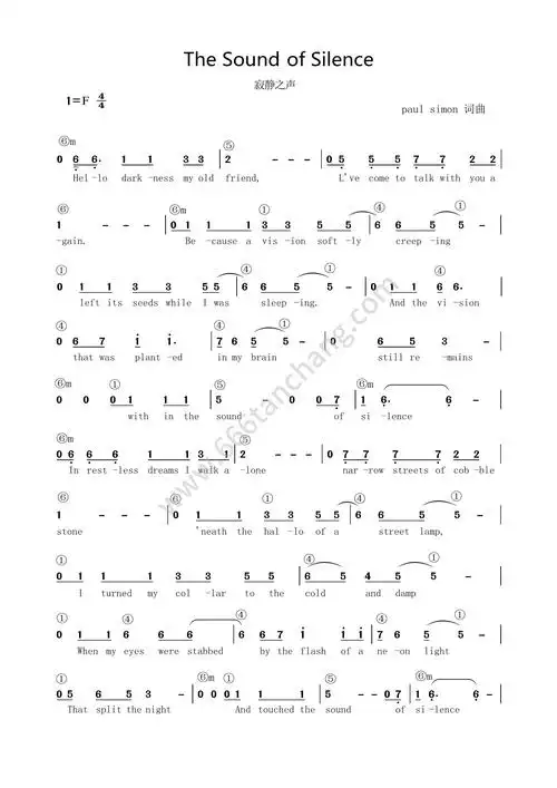歌曲简谱thesoundofsilence寂静之声简谱和弦功能谱流行弹唱网