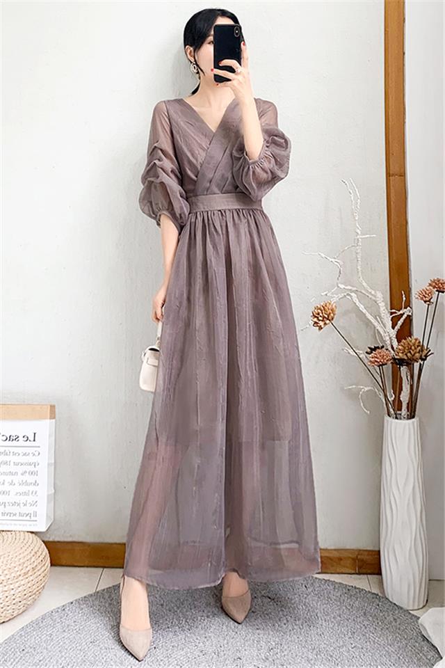 2021新款女装夏纯色灯笼袖过膝长款连衣裙女修身显瘦气质长裙