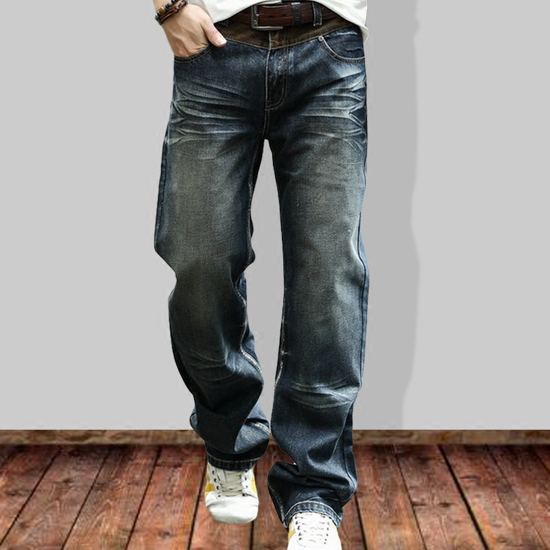 春夏休闲加肥加大码宽脚男士宽松直筒牛仔裤大裤脚阔腿男长裤做旧