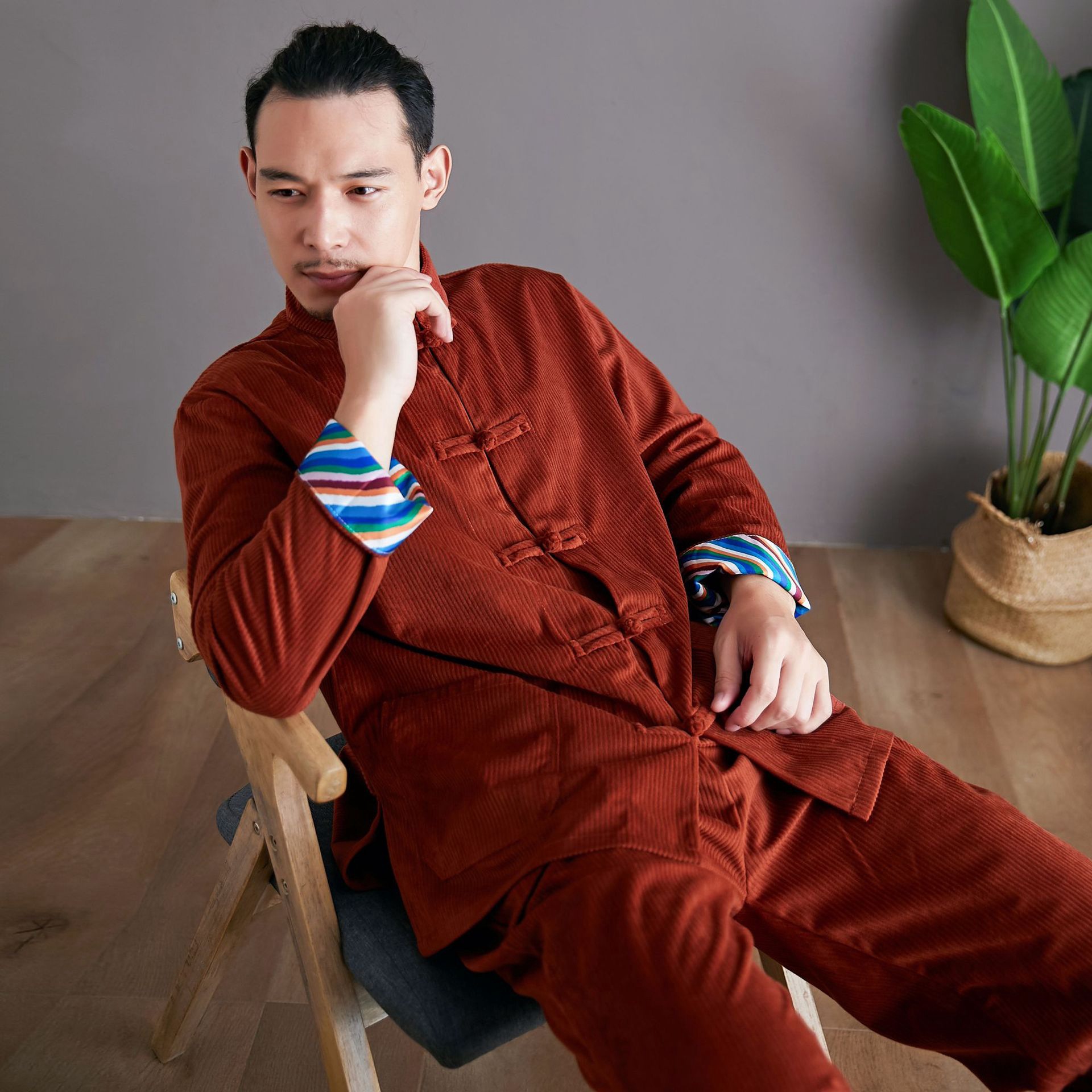 唐装秋款男中式男装灯芯绒中山装男中国风套装男宽松立领长袖长裤