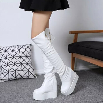 秋冬新款过膝长靴内增高跟坡跟厚底高筒靴防水台女靴子白色长筒靴