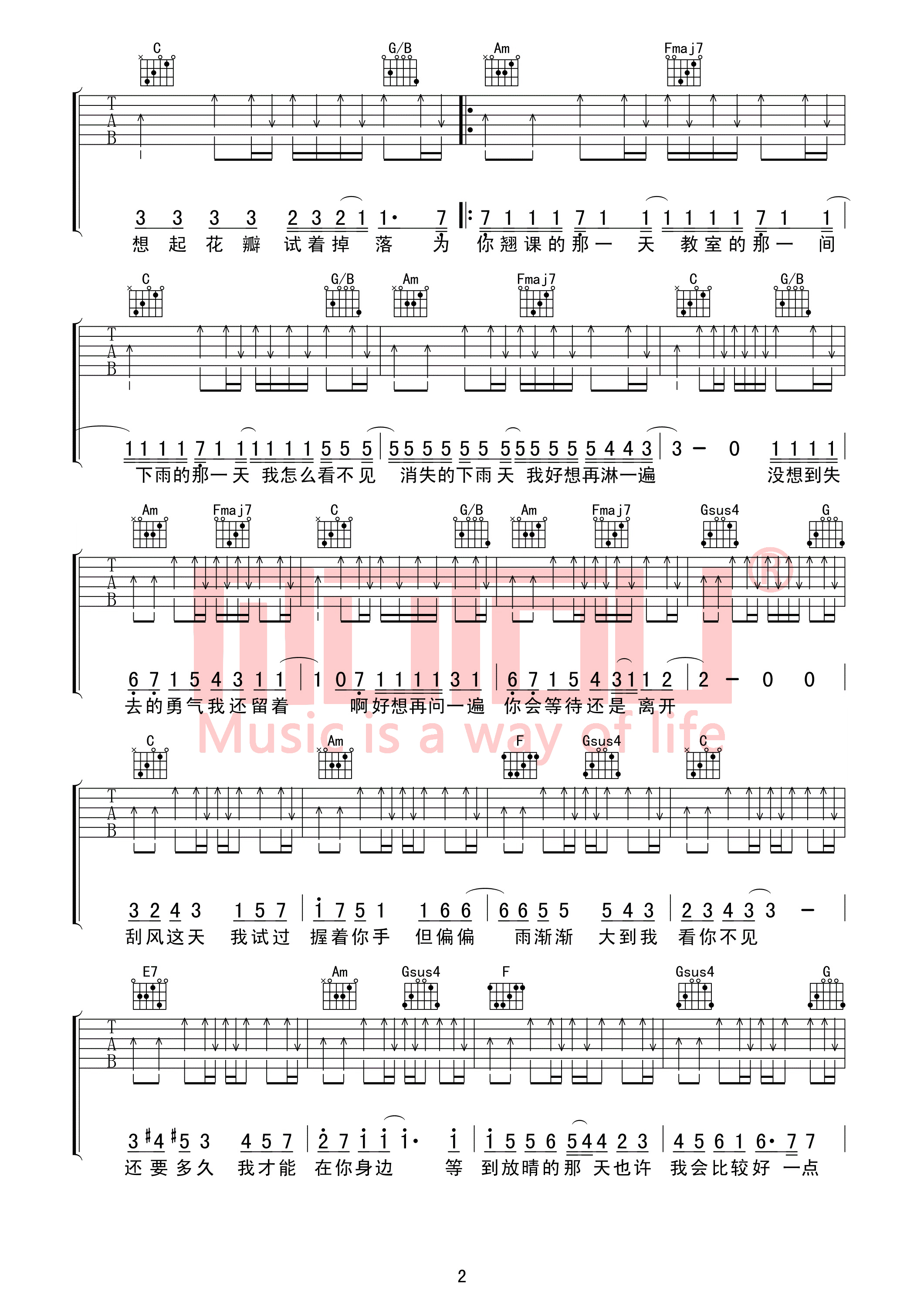 晴天吉他谱c调版本包含说唱部分高度还原