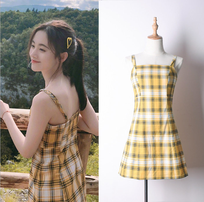 包邮 鞠婧祎同款衣服女夏黄色格子sukol裙小清新复古森女显瘦吊带裙子