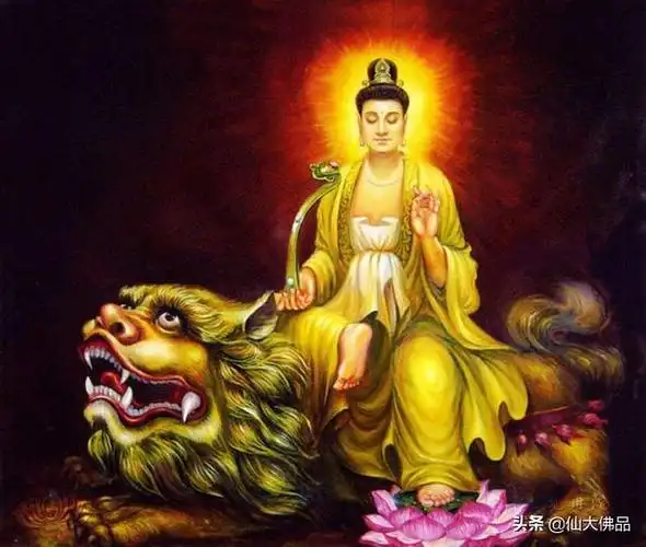 文殊菩萨青狮集锦图菩萨亦常乘坐狮子座骑,表示智慧威猛无比,所向披靡
